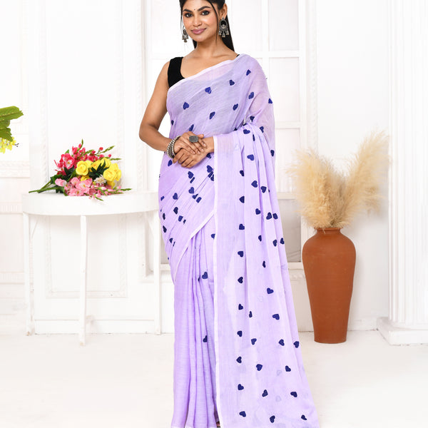 Piyari Fashion Women's Light Lavender Exclusive Embroidery Saree