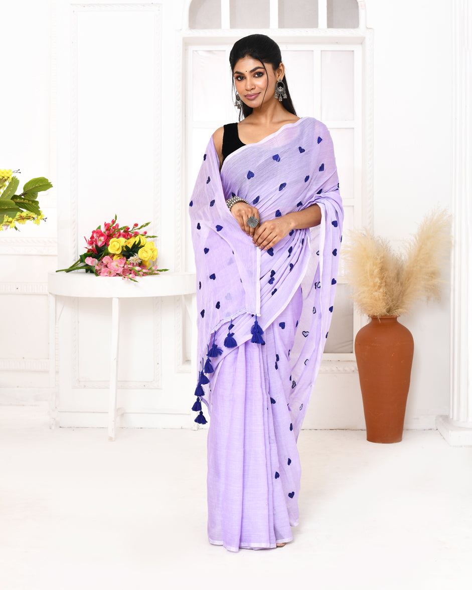 Piyari Fashion Women's Light Lavender Exclusive Embroidery Saree