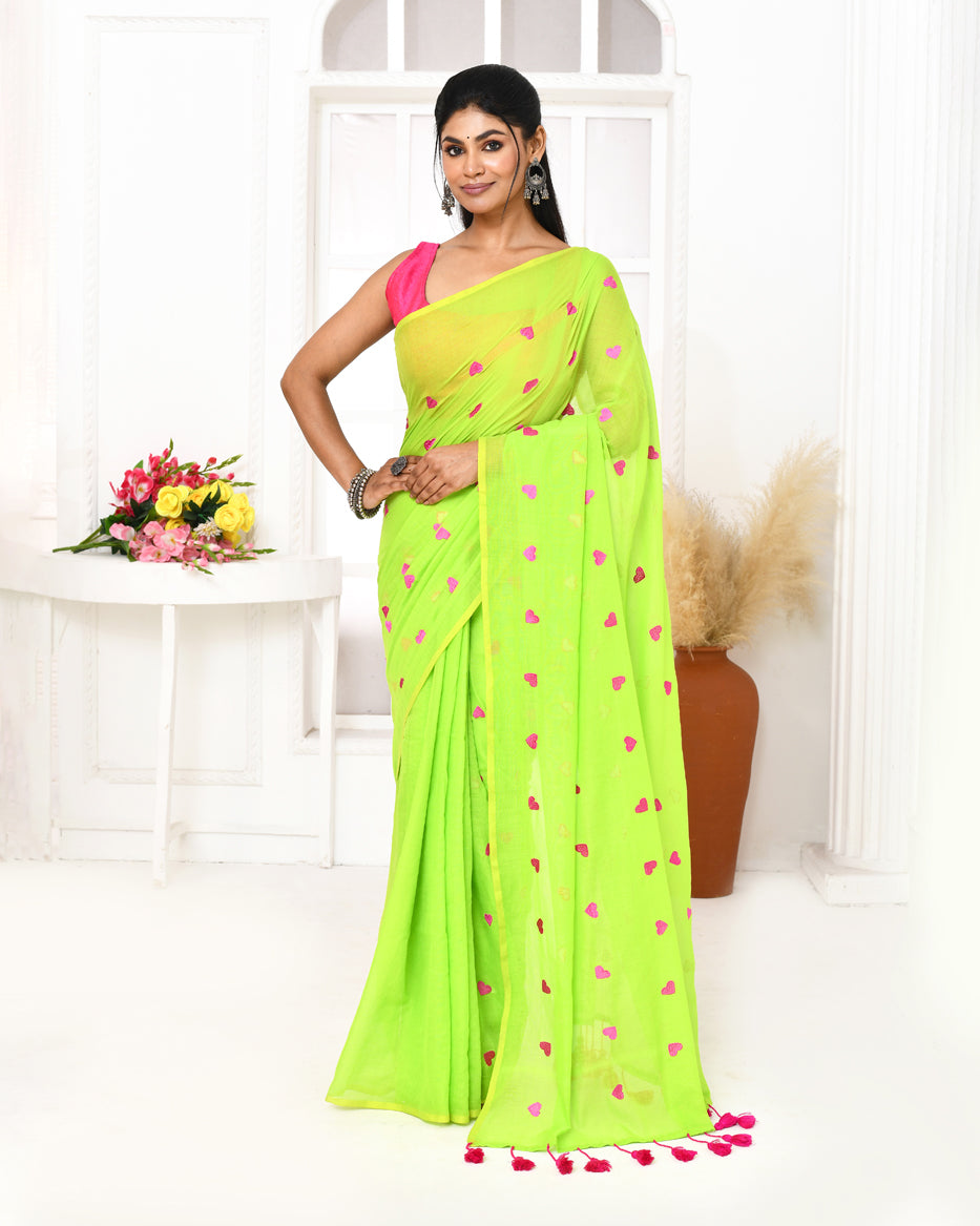 Piyari Fashion Women's Lemon Green Exclusive Embroidery Saree