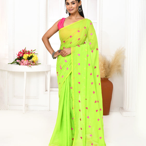 Piyari Fashion Women's Lemon Green Exclusive Embroidery Saree