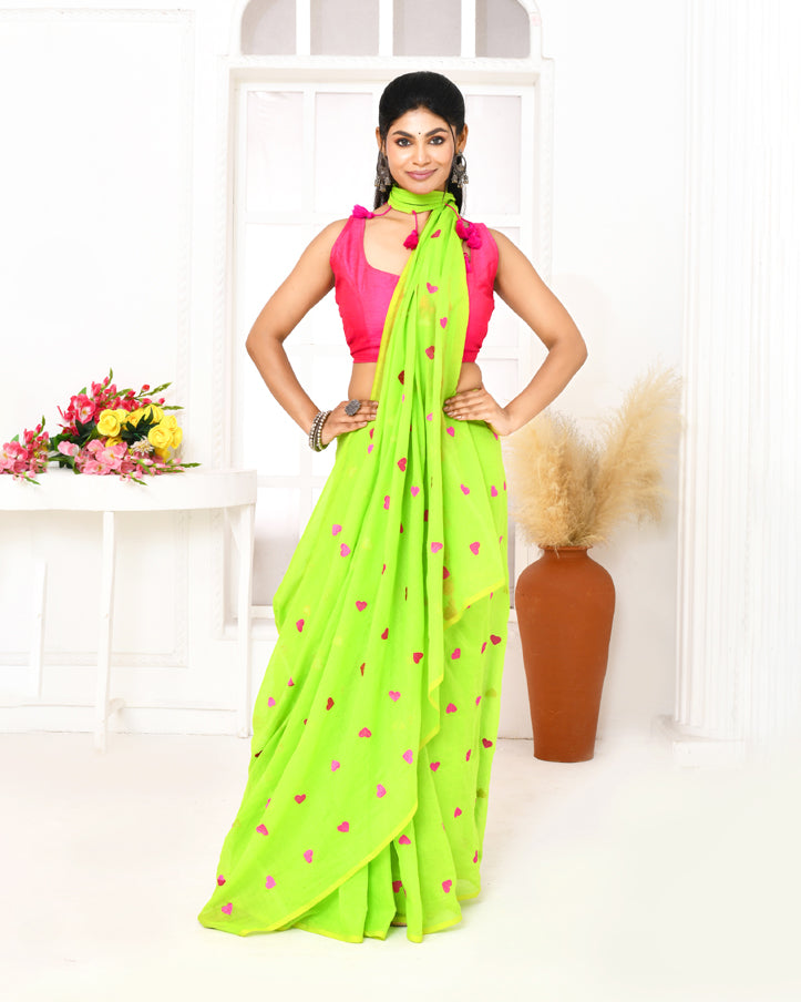 Piyari Fashion Women's Lemon Green Exclusive Embroidery Saree