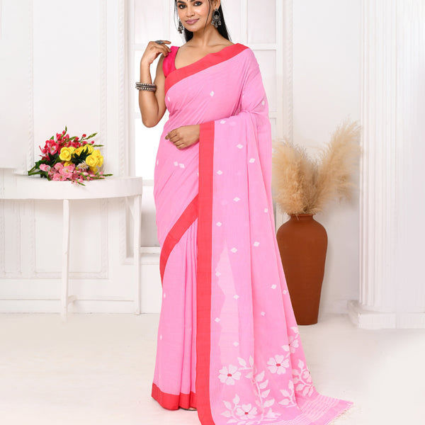 Piyari Fashion Women's Pink Cotton Handloom Jamdani Saree With Blouse