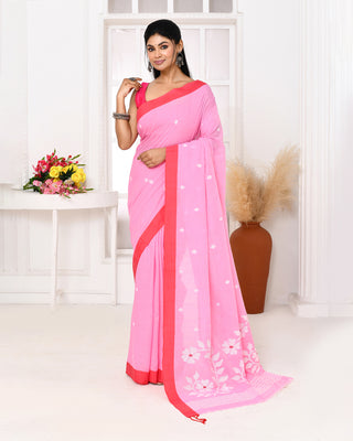 Piyari Fashion Women's Pink Cotton Handloom Jamdani Saree With Blouse