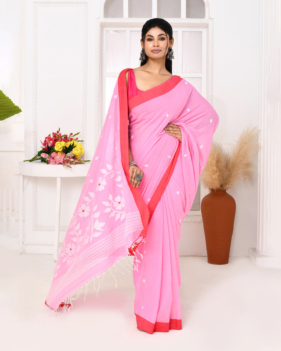 Piyari Fashion Women's Pink Cotton Handloom Jamdani Saree With Blouse