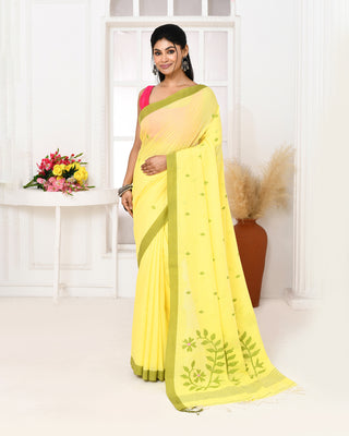 Piyari Fashion Women's Light Lemon Yellow Cotton Handloom Jamdani Saree With Blouse