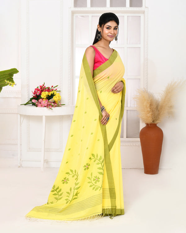 Piyari Fashion Women's Light Lemon Yellow Cotton Handloom Jamdani Saree With Blouse
