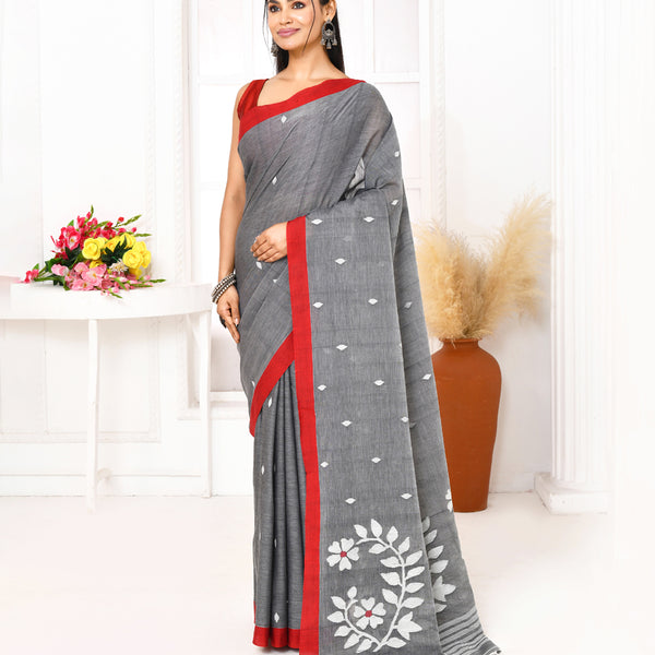 Piyari Fashion Women's Grey Cotton Handloom Jamdani Saree With Blouse - Distacart