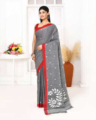 Piyari Fashion Women's Grey Cotton Handloom Jamdani Saree With Blouse