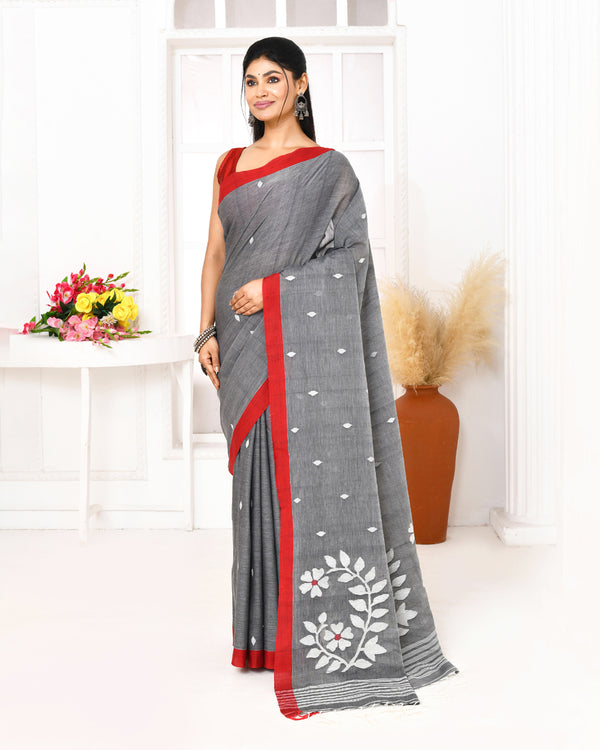 Piyari Fashion Women's Grey Cotton Handloom Jamdani Saree With Blouse