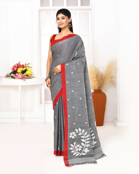 Piyari Fashion Women's Grey Cotton Handloom Jamdani Saree With Blouse