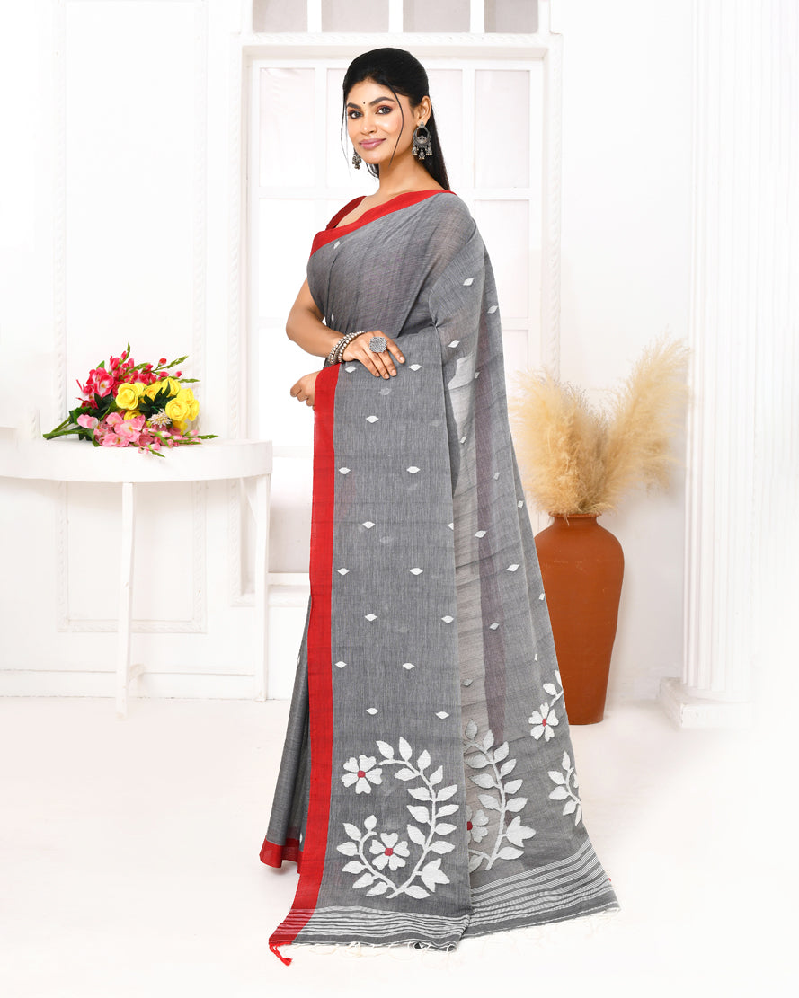 Piyari Fashion Women's Grey Cotton Handloom Jamdani Saree With Blouse