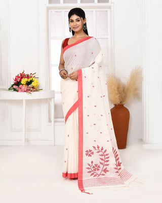 Piyari Fashion Women's White Cotton Handloom Jamdani Saree With Blouse