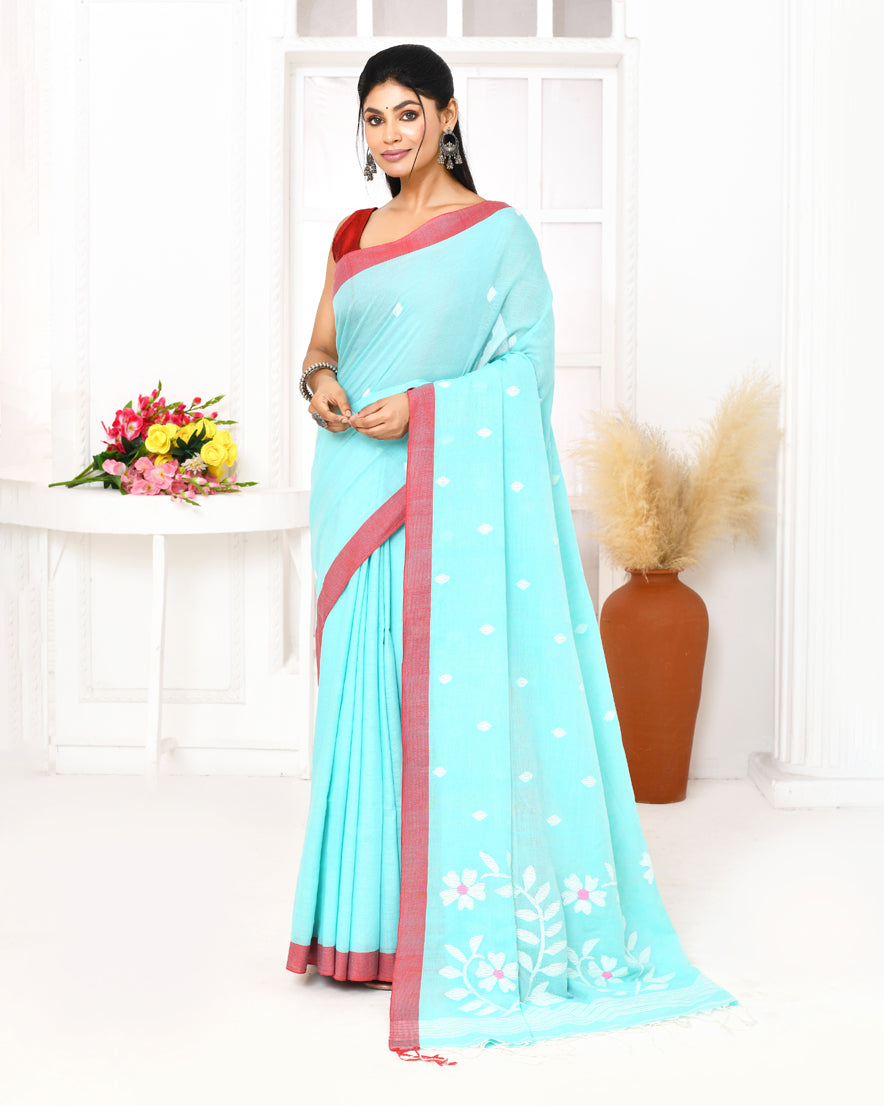 Piyari Fashion Women's Light Sky Blue Cotton Handloom Jamdani Saree With Blouse