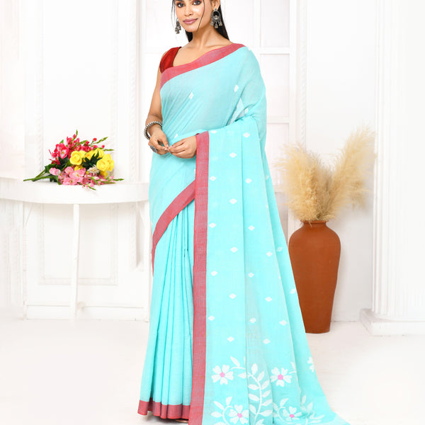 Piyari Fashion Women's Light Sky Blue Cotton Handloom Jamdani Saree With Blouse