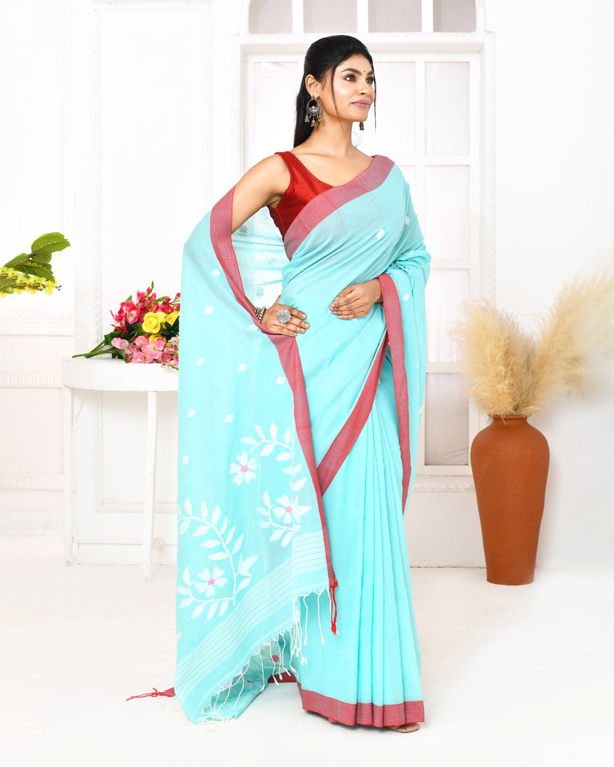 Piyari Fashion Women's Light Sky Blue Cotton Handloom Jamdani Saree With Blouse