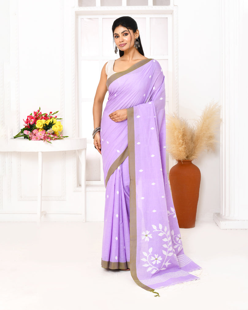 Piyari Fashion Women's Lavender Cotton Handloom Jamdani Saree With Blouse