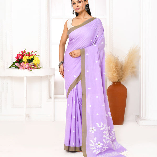 Piyari Fashion Women's Lavender Cotton Handloom Jamdani Saree With Blouse