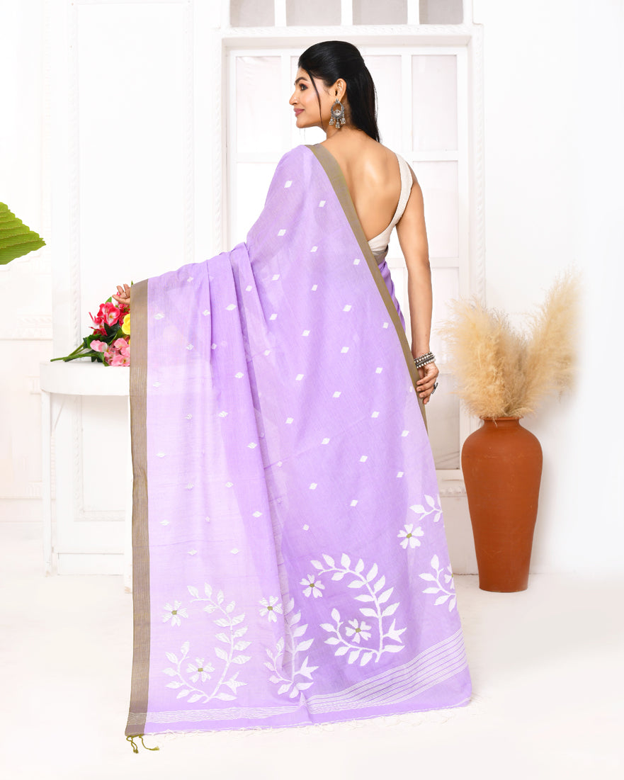 Piyari Fashion Women's Lavender Cotton Handloom Jamdani Saree With Blouse