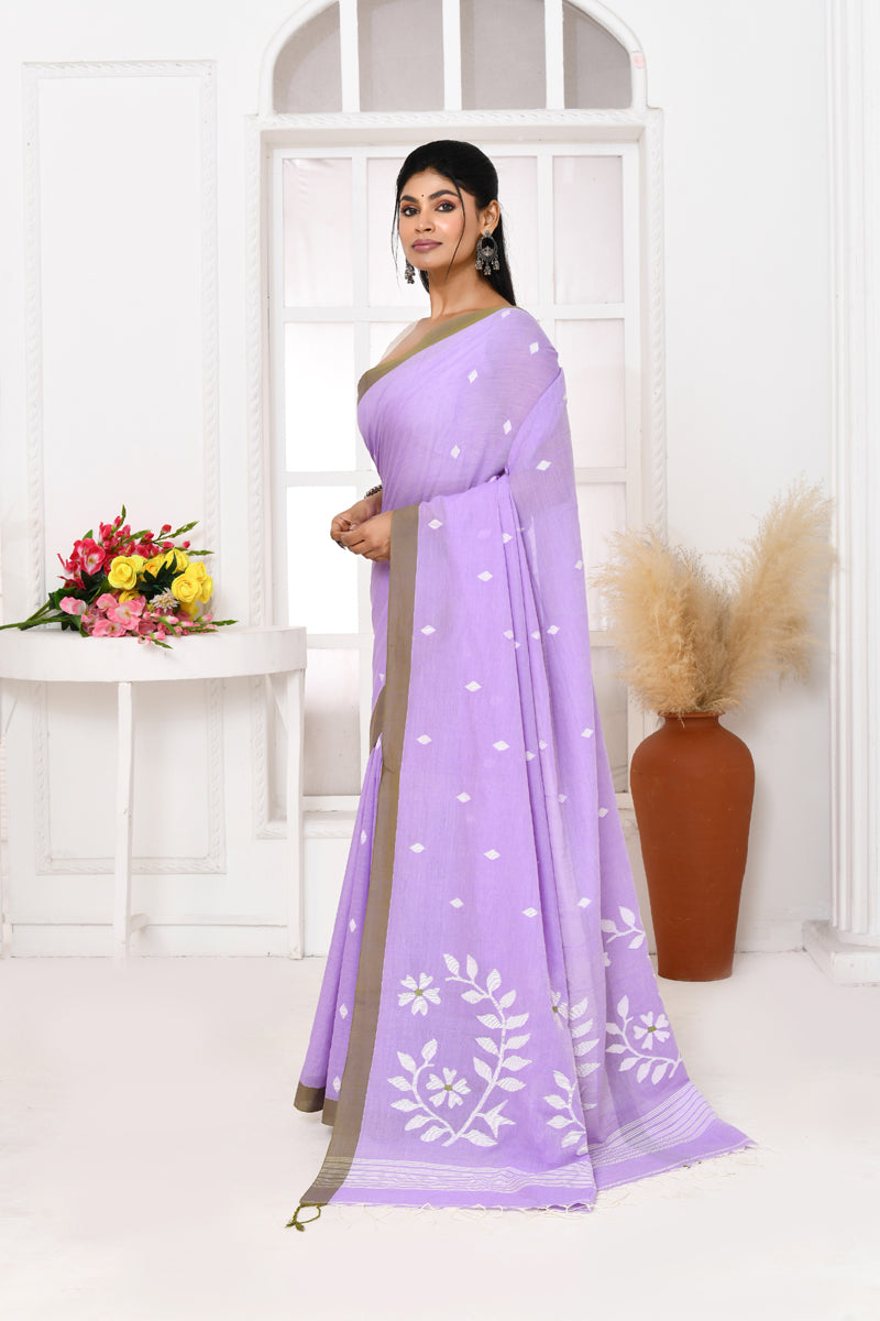 Piyari Fashion Women's Lavender Cotton Handloom Jamdani Saree With Blouse