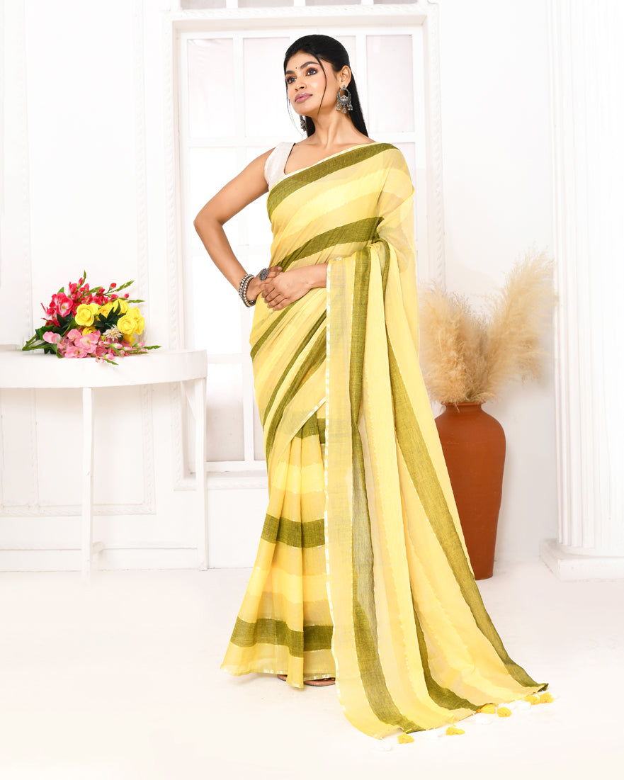 Piyari Fashion Multi Color Striped Mulmul Cotton Saree With Tassels