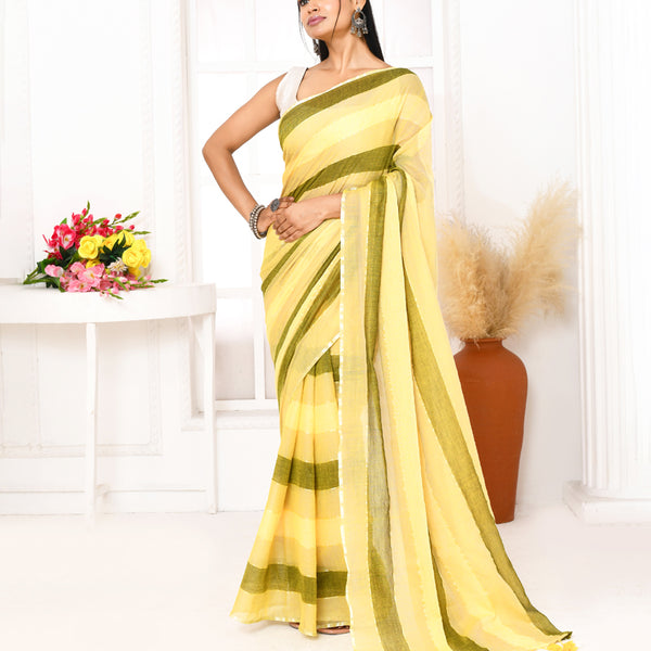 Piyari Fashion Multi Color Striped Mulmul Cotton Saree With Tassels
