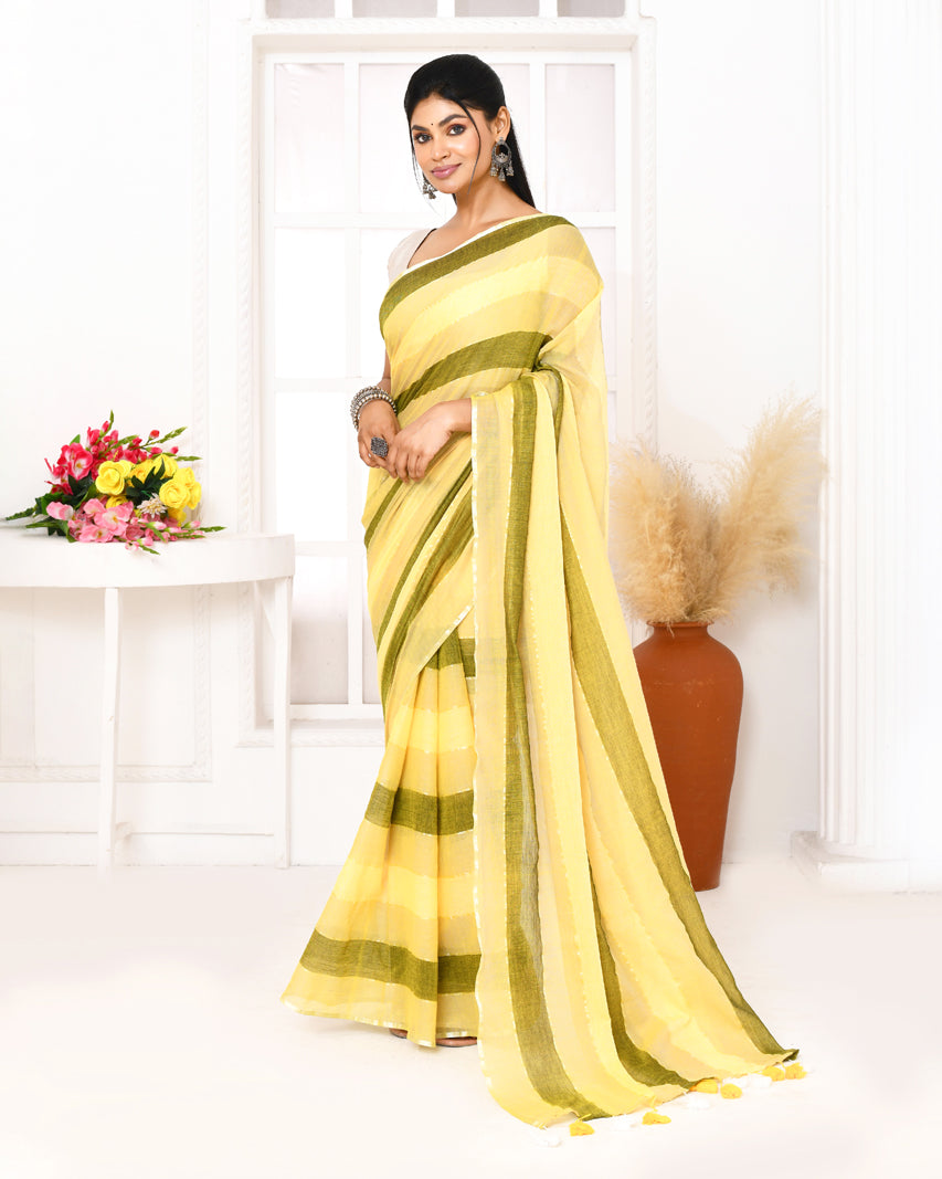 Piyari Fashion Multi Color Striped Mulmul Cotton Saree With Tassels