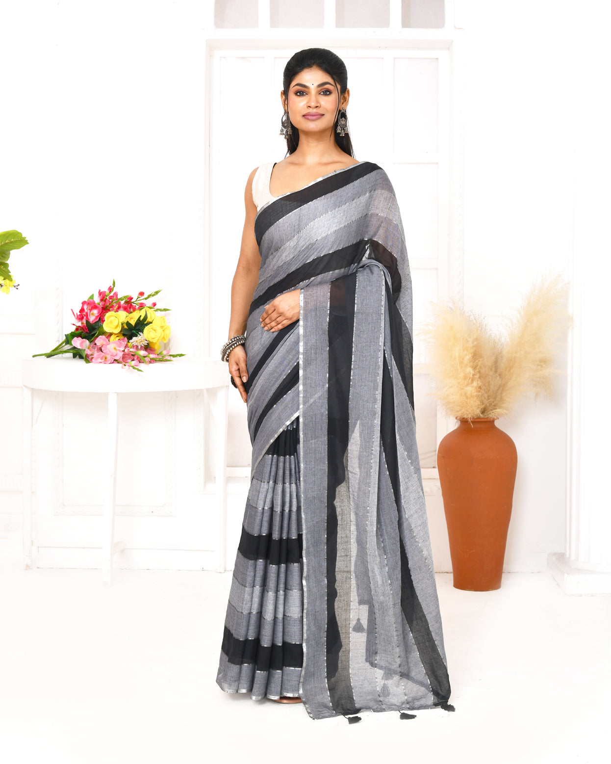 Piyari Fashion Grey Black Striped Mulmul Cotton Saree With Tassels