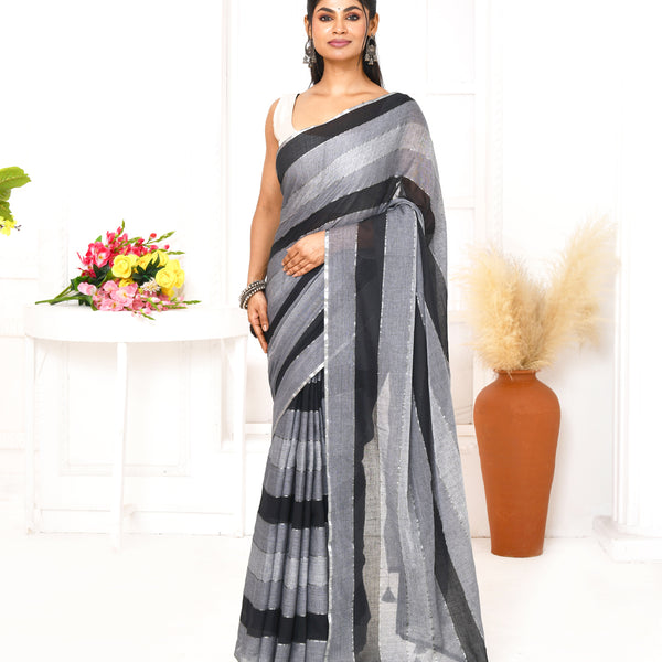 Piyari Fashion Grey Black Striped Mulmul Cotton Saree With Tassels