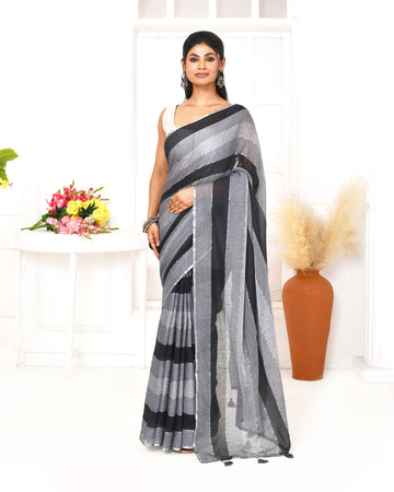 Piyari Fashion Grey Black Striped Mulmul Cotton Saree With Tassels - Distacart