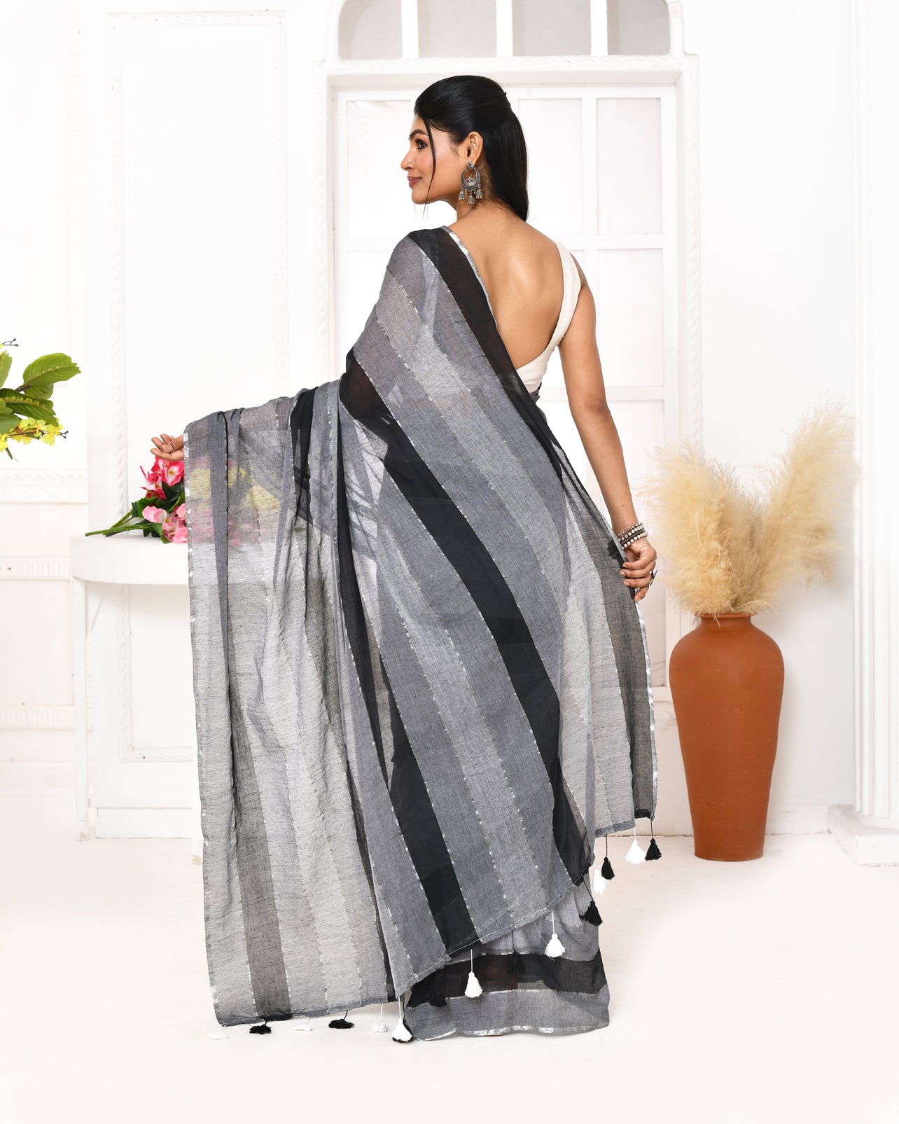 Piyari Fashion Grey Black Striped Mulmul Cotton Saree With Tassels