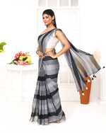 Thumbnail for Piyari Fashion Grey Black Striped Mulmul Cotton Saree With Tassels