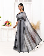 Thumbnail for Piyari Fashion Grey Black Striped Mulmul Cotton Saree With Tassels