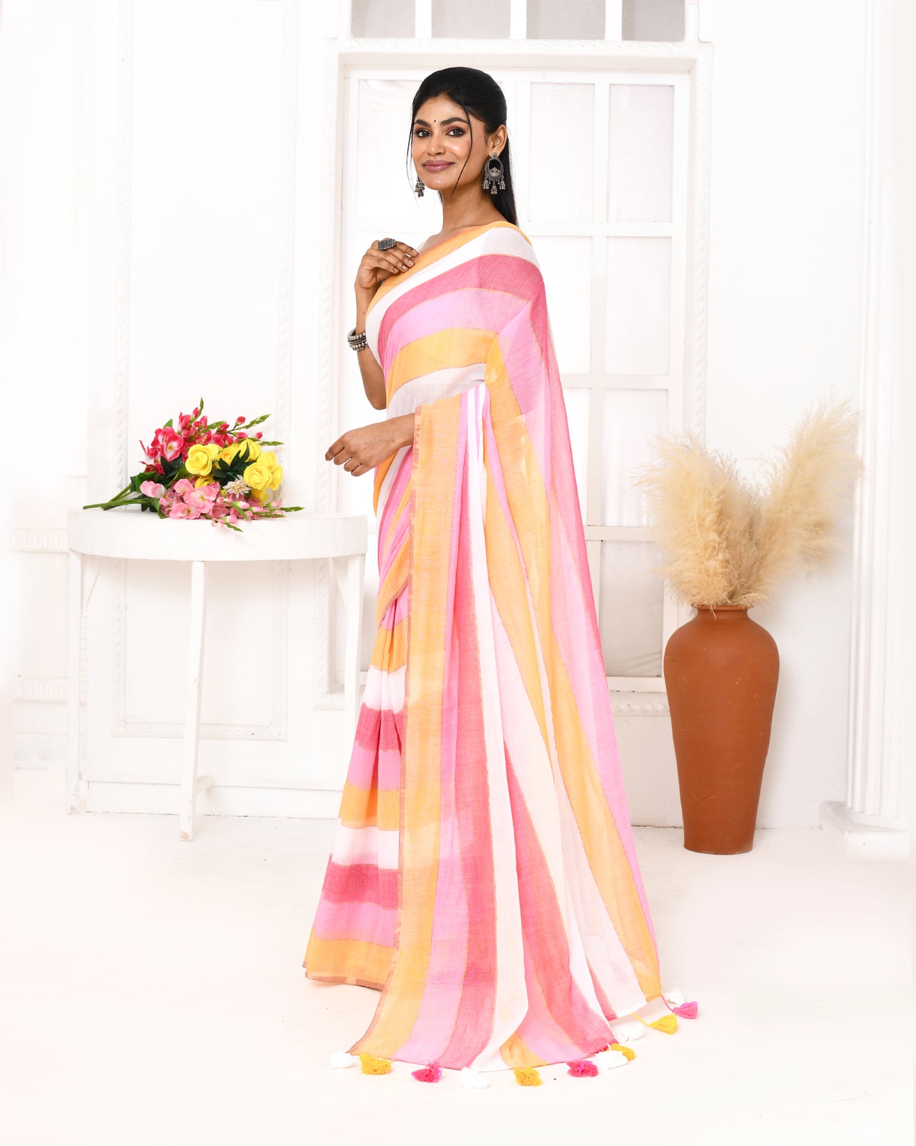 Piyari Fashion Pink Striped Mulmul Cotton Saree With Tassels