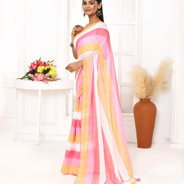 Piyari Fashion Pink Striped Mulmul Cotton Saree With Tassels