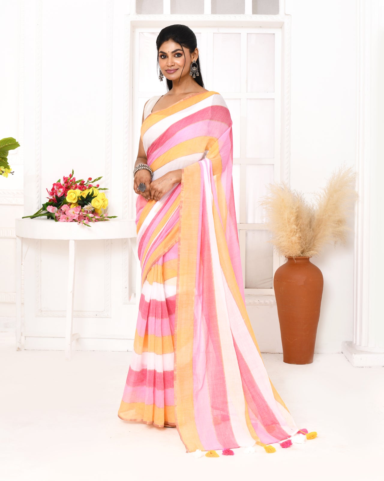 Piyari Fashion Pink Striped Mulmul Cotton Saree With Tassels