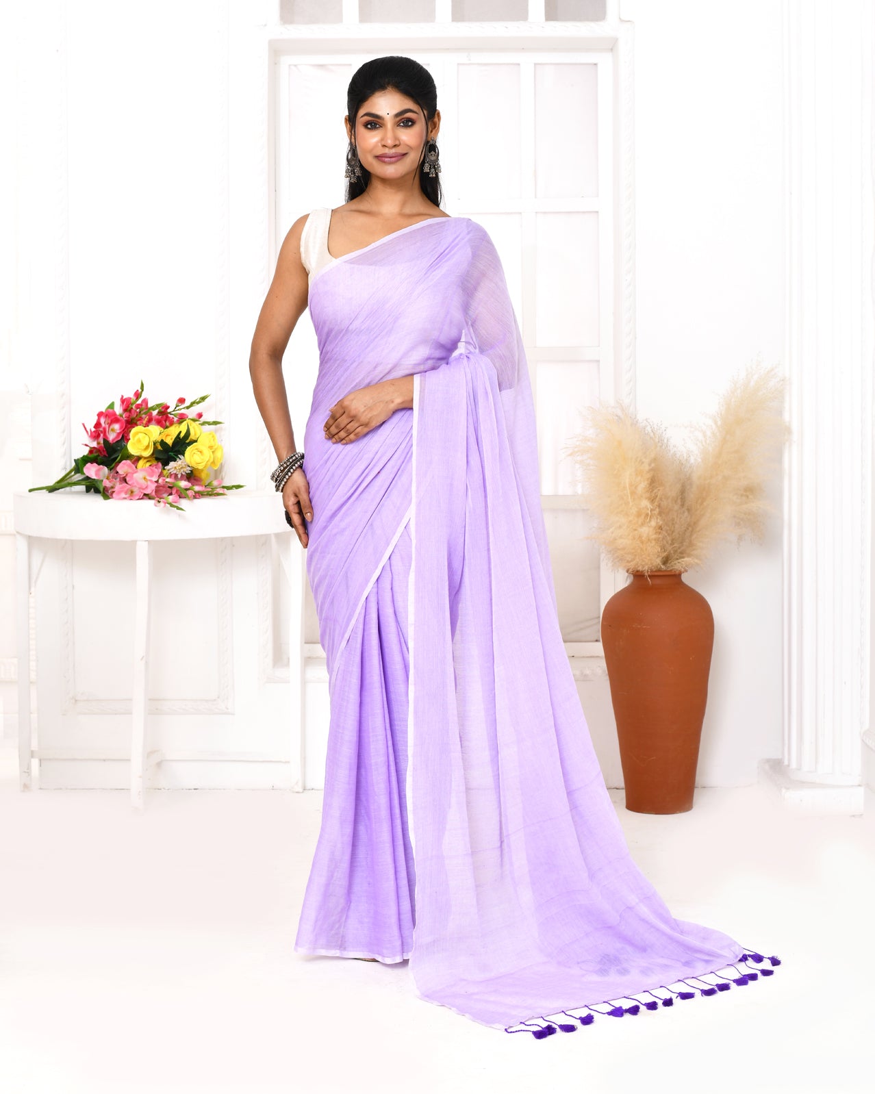 Piyari Fashion Lavender Mulmul Cotton Saree With Tassels