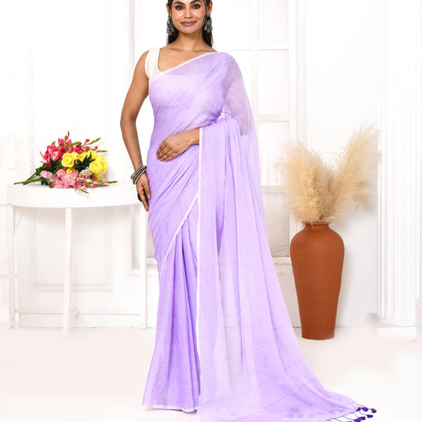 Piyari Fashion Lavender Mulmul Cotton Saree With Tassels