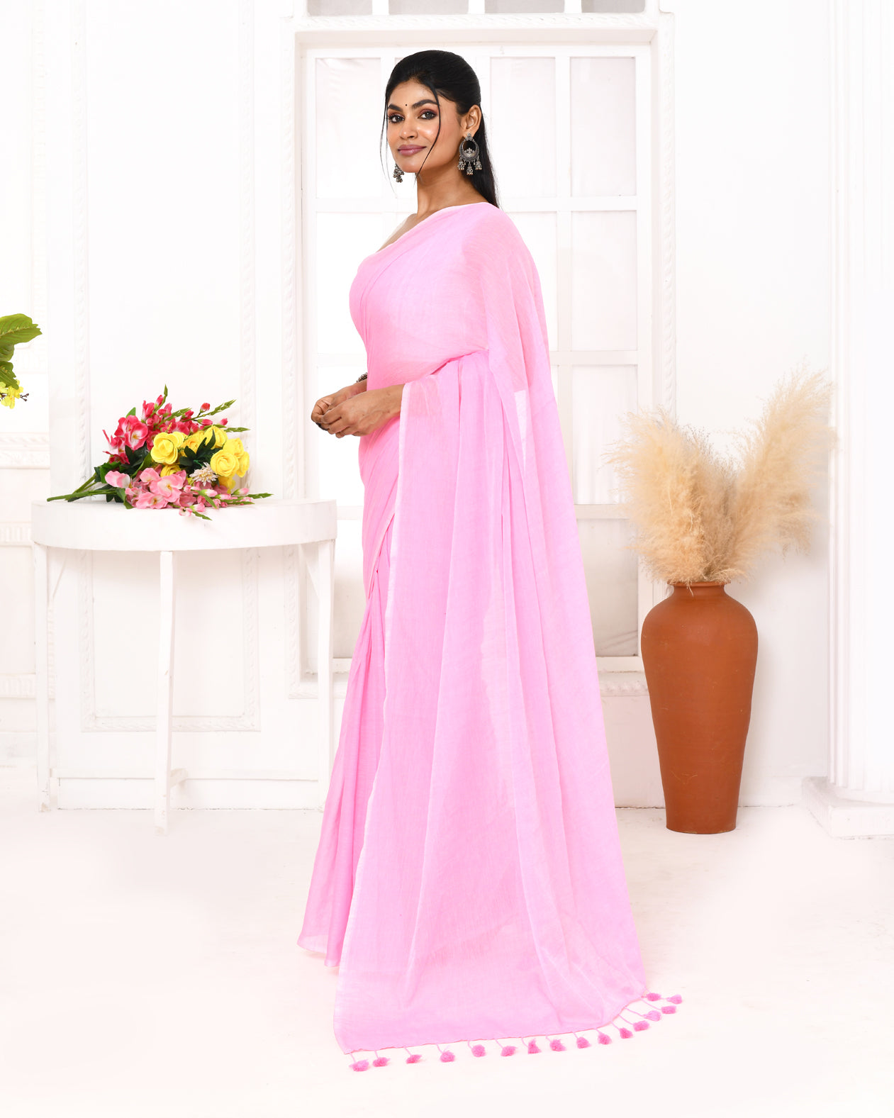 Piyari Fashion Pink Mulmul Cotton Saree With Tassels