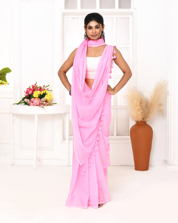 Piyari Fashion Pink Mulmul Cotton Saree With Tassels