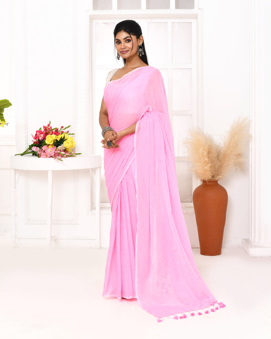 Piyari Fashion Pink Mulmul Cotton Saree With Tassels