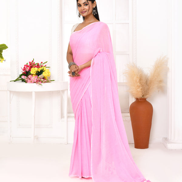 Piyari Fashion Pink Mulmul Cotton Saree With Tassels