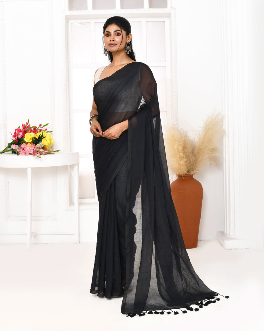 Piyari Fashion Black Mulmul Cotton Saree With Tassels