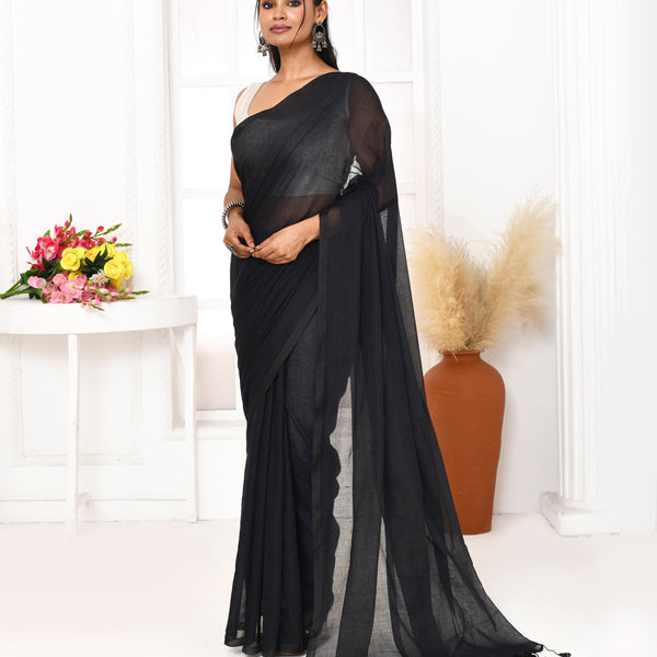Piyari Fashion Black Mulmul Cotton Saree With Tassels