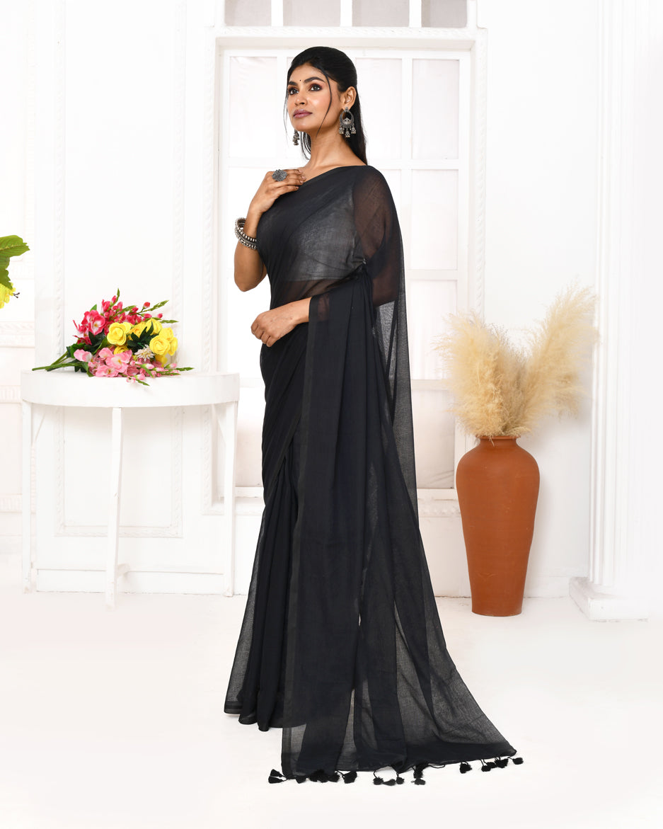 Piyari Fashion Black Mulmul Cotton Saree With Tassels