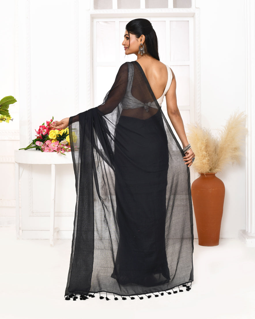 Piyari Fashion Black Mulmul Cotton Saree With Tassels