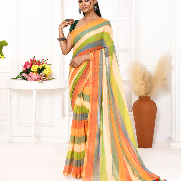 Piyari Fashion Multi Color Striped Mulmul Cotton Saree With Tassels