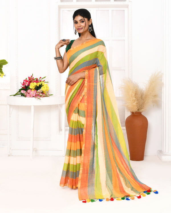 Piyari Fashion Multi Color Striped Mulmul Cotton Saree With Tassels
