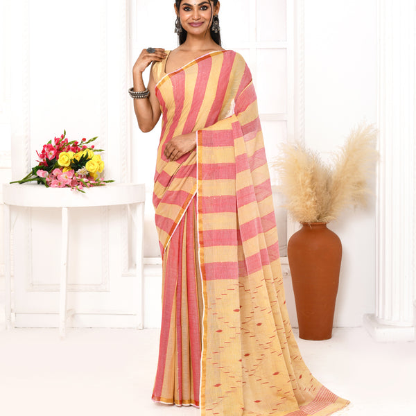 Piyari Fashion Women's Red Tangerine Cotton Handloom Jamdani Saree With Blouse