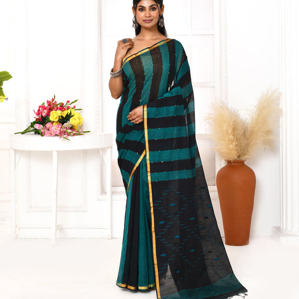 Piyari Fashion Women's Black Blue Cotton Handloom Jamdani Saree With Blouse