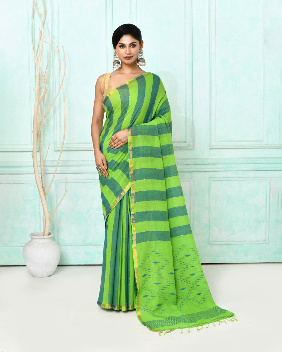 Piyari Fashion Women's Green Cotton Handloom Jamdani Saree With Blouse